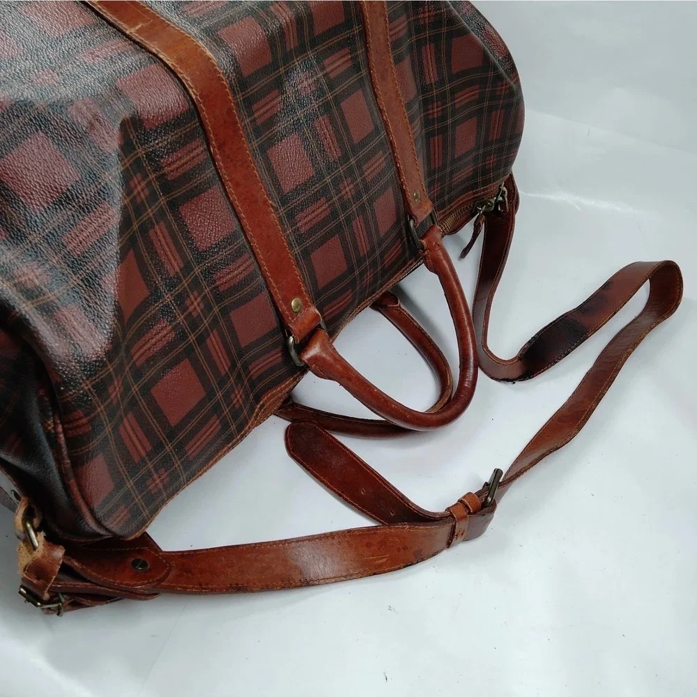 Polo Ralph Lauren Vintage‎ Plaid Duffle Bag Brown Canvas Leather Trim Large